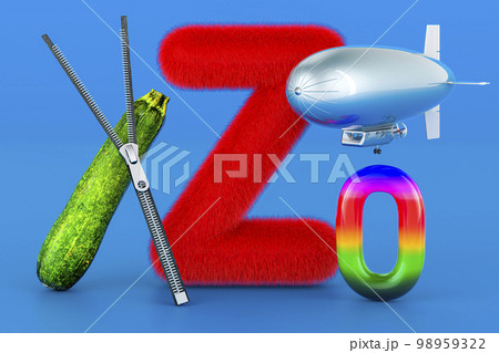 Kids ABC, fluffy letter Z with zipper, zeppelin, zucchini, zero. 3D rendering Kids ABC, fluffy letter Z with zipper, zeppelin, zucchini, zero. 3D rendering 98959322
