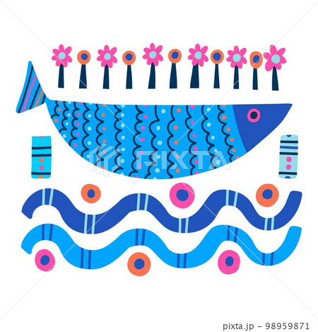 Cute doodle fish card. Around motif with fish. 98959871
