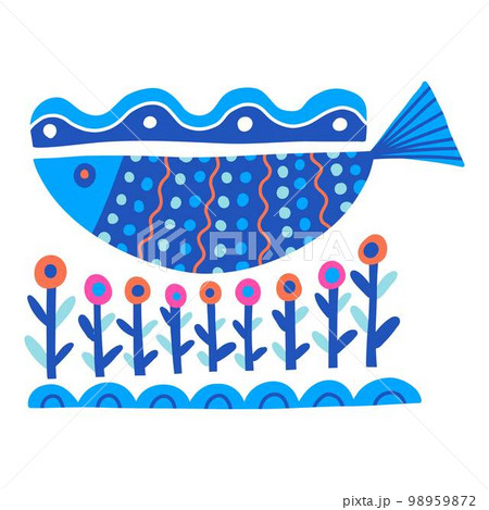 Cute doodle fish card. Around motif with fish. 98959872