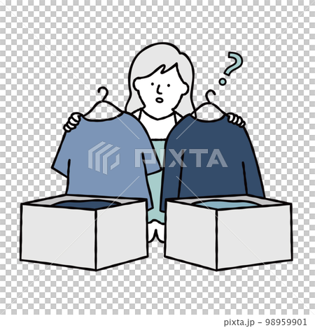 断捨離・洋服を捨てるか考える主婦のイラスト素材　ブルー 98959901