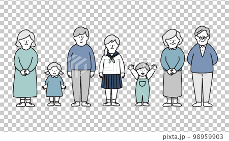 家族のイラスト素材　セット　集合　家族構成　ブルー 98959903