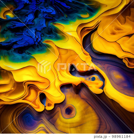 Yellow and ultramarine blue Burl wood surface abstract background. Decorative timber panel closeup, detailed wooden texture. Natural material dyed Yellow and ultramarine blue wood abstract pattern. 98961184