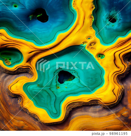 Yellow and sea blue Burl wood surface abstract background. Decorative timber panel closeup, detailed wooden texture. Natural material dyed Yellow and sea blue wood abstract pattern. 98961195