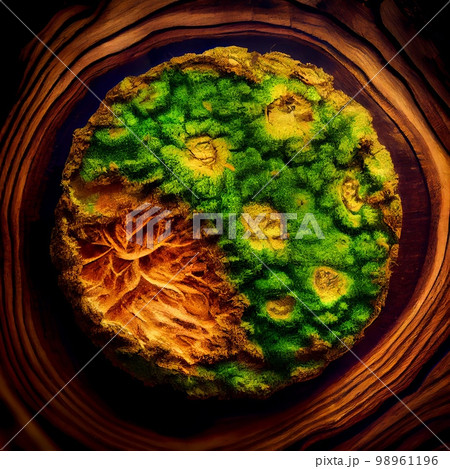 Burl wood surface with moss abstract background. Decorative timber panel closeup, detailed wooden texture. Natural material wood with green moss abstract pattern. 98961196