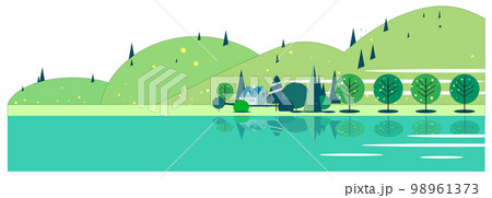 緑濃い山と湖畔に映る住まいと森の木々 98961373