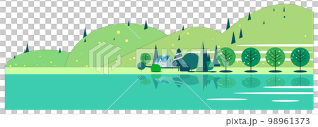 緑濃い山と湖畔に映る住まいと森の木々 98961373