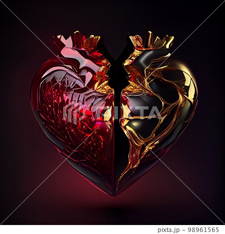 Shiny red ruby and gold broken heart isolated on black background. Natural precious mineral stone artistic illustration. Decorative ruby and gold crystal heart poster. 98961565