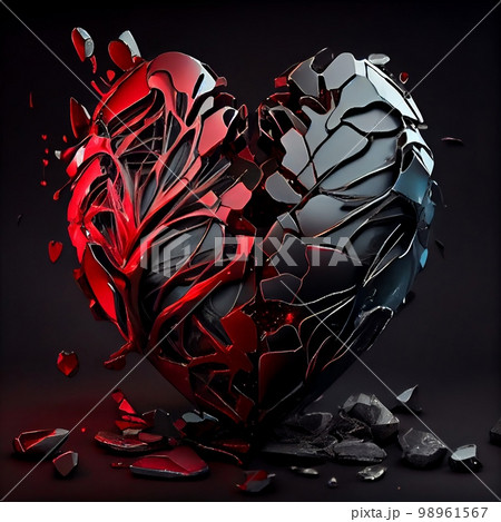 Shiny ruby and black diamond broken heart isolated on black background. Natural precious mineral stone artistic illustration. Decorative ruby and black diamond crystal heart poster. Shiny ruby and black diamond broken heart isolated on black background. Natural precious mineral stone artistic illustration. Decorative ruby and black diamond crystal heart poster. 98961567