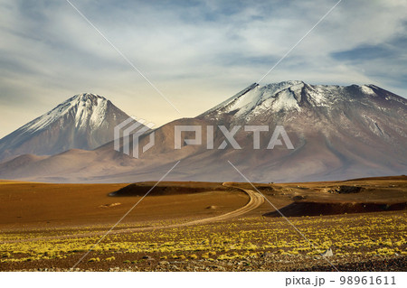 Licancabur and dramatic volcanic landscape at Sunset, Atacama Desert, Chile 98961611
