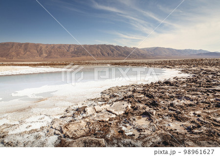 Salt lake, volcanic landscape at sunrise, Atacama, Chile border with Bolivia Salt lake, volcanic landscape at sunrise, Atacama, Chile border with Bolivia 98961627
