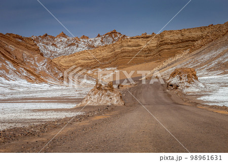 Dirt road in Moon Valley dramatic landscape at Sunset, Atacama Desert, Chile 98961631