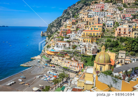 Above Positano city cliffs and marina with boats and yacht, amalfi coast, Italy 98961694