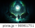 Fantasy tranquil forest scene with full moon AI Generative	 98961751