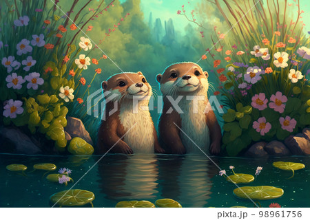 Two cute otters AI generative	 98961756