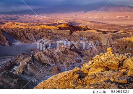 Moon Valley dramatic landscape at Sunset, Atacama Desert, Chile Moon Valley dramatic landscape at Sunset, Atacama Desert, Chile 98961825