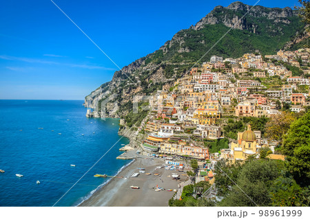 Above Positano city cliffs and marina with boats and yacht, amalfi coast, Italy 98961999