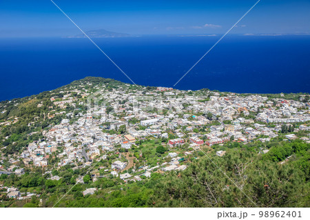 Above Ana Capri city cliffs and marina with boats and yacht, amalfi coast, Italy 98962401