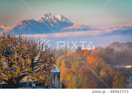 Salzburg medieval old town towers and domes at autumn, Salzburger land, Austria 98962533