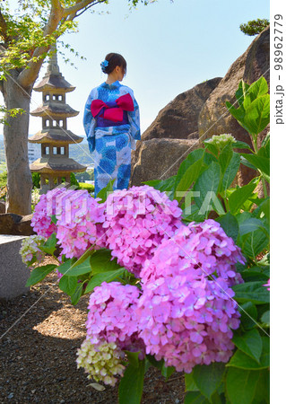 紫陽花と浴衣姿の女性 98962779