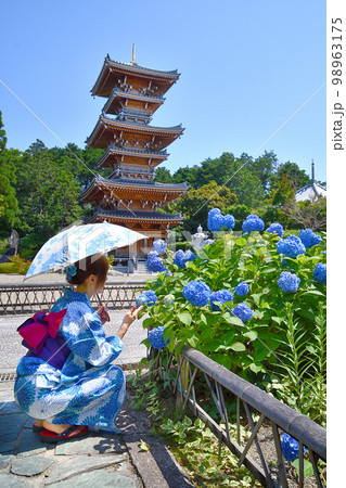 紫陽花と浴衣姿の女性 紫陽花と浴衣姿の女性 98963175