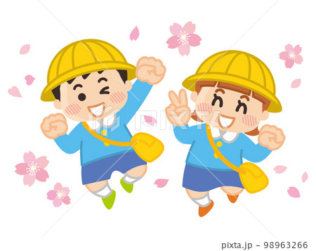 ジャンプする園児と桜　入園式　保育園　幼稚園 98963266