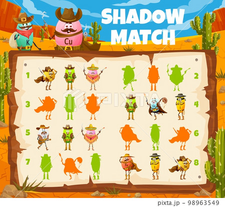 Shadow match game. Wild west cartoon cowboy, sheriff, bandit and robber vitamin characters. Silhouette search quiz, shadow match puzzle vector worksheet with Cu, Se, Mg and P, Ca, Cl cute personages 98963549