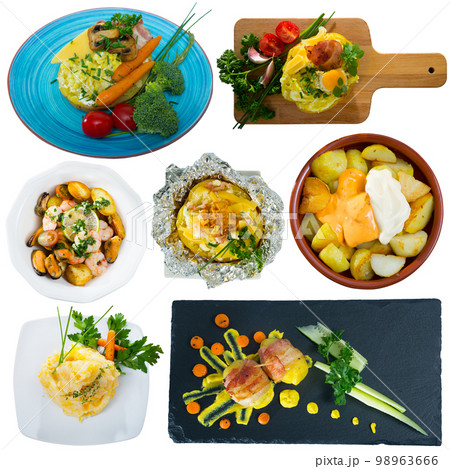 Potato dishes collage on a white background Potato dishes collage on a white background 98963666