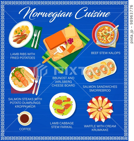 Norwegian cuisine menu, food dishes and Scandinavian meals, vector. Norway cuisine restaurant traditional salmon sandwiches smorrebrod, lamb ribs with fried potatos and beef stew kalops 98963776