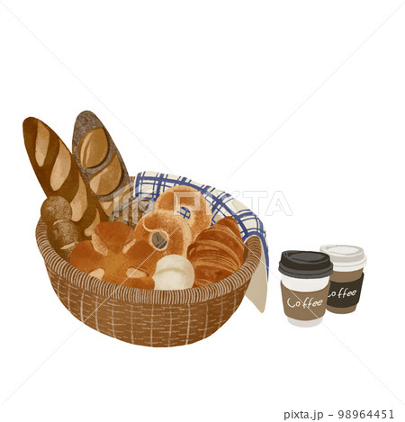 バスケット籠に入った焼きたてパンとテイクアウトコーヒーのセット　イラスト素材 98964451
