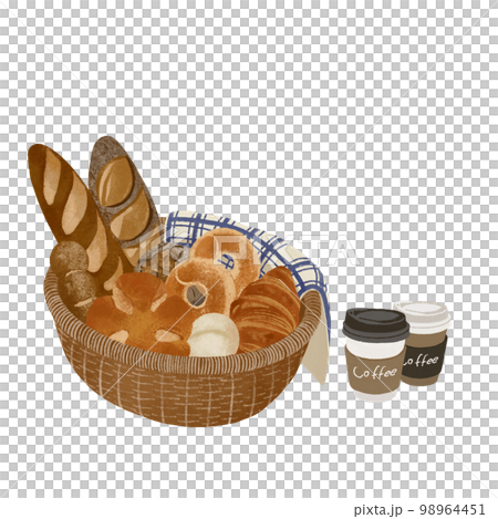 バスケット籠に入った焼きたてパンとテイクアウトコーヒーのセット　イラスト素材 98964451