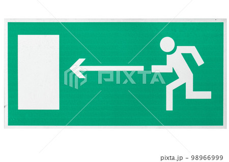 Board direction of exit from building during evacuation. Figure of man on arrow moves towards door 98966999