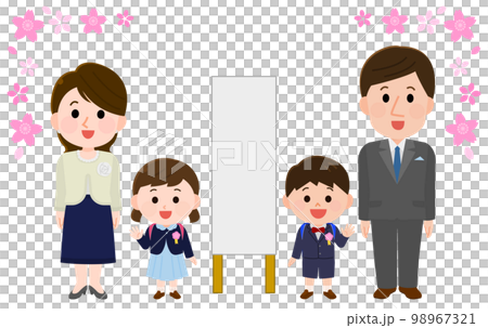 Cherry blossom frame Illustration of a smiling family of four in formal attire for entrance and graduation ceremonies 98967321