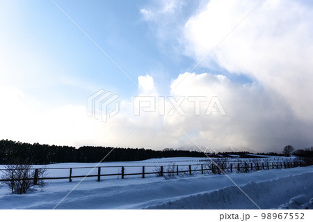 写真 冬の情景 冬の小岩井農場の空と雲と雪と柵と 写真 冬の情景 冬の小岩井農場の空と雲と雪と柵と 98967552