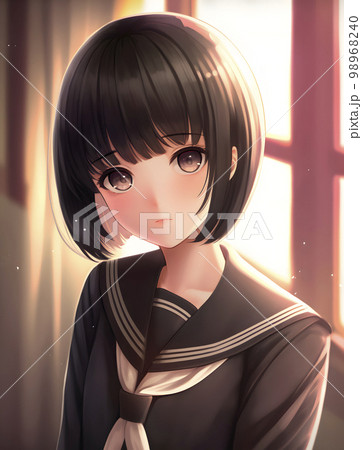 黒髪ボブカット　黒いセーラー服　女学生　学校にて「AI生成画像」 98968240