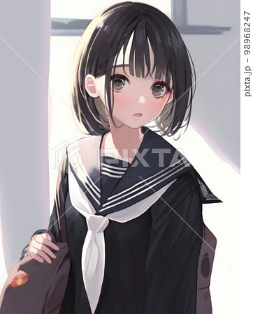 黒髪ボブカット　黒いセーラー服　女学生　学校にて「AI生成画像」 98968247