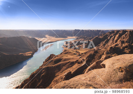 River view in rocky gorge terrain, middle asian nature landscape 98968593