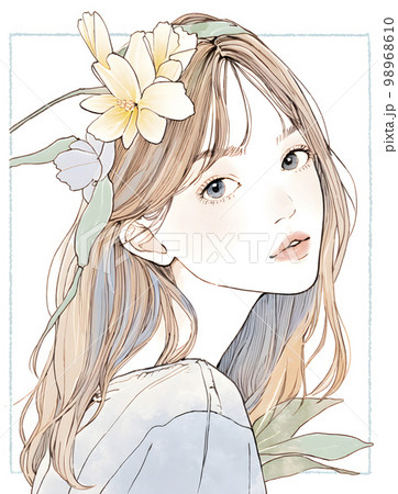 綺麗な花に包まれた女性 水彩画イラスト「AI生成画像」のイラスト素材