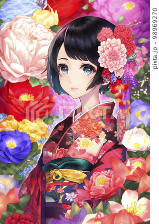 艶やかな着物がよく似合う女性　イラスト「AI生成画像」 98969270