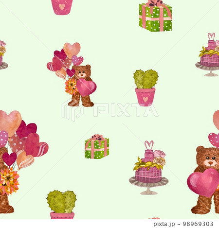 Bear heart cactus gift green pattern watercolor 98969303