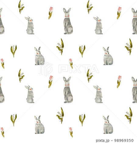 Rabbit tulip snowdrop flower pattern a watercolor  98969350