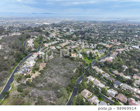 Aerial view of over La Jolla Hills, San Diego, California, USA 98969914