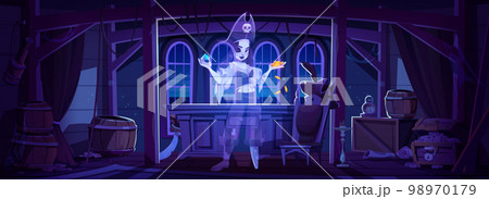 Female pirate ghost in cabine on ship at night Female pirate ghost in cabine on ship at night 98970179