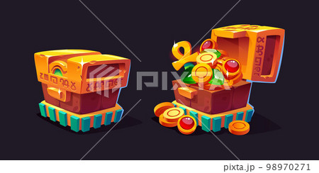Cartoon set of egyptian treasure chest on black 98970271