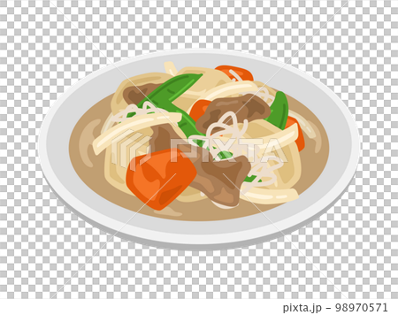 盤子裡放著肉和土豆的插圖 98970571