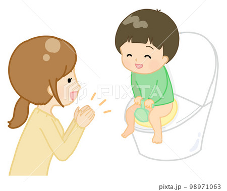 トイレで用を足した子どもを褒めるママ トイレで用を足した子どもを褒めるママ 98971063