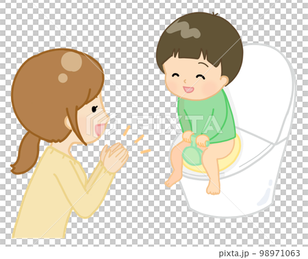 トイレで用を足した子どもを褒めるママ トイレで用を足した子どもを褒めるママ 98971063
