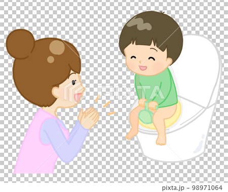 トイレで用を足した子どもを褒める保育士 98971064