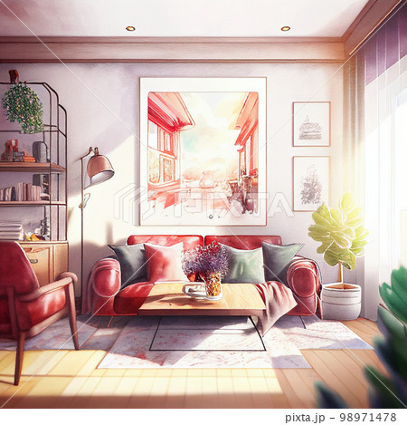 テーマカラーのあるおしゃれなリビングルーム AI画像のイラスト素材 [98971478] - PIXTA