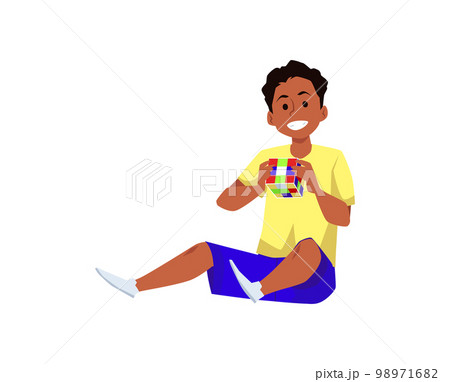 Child playing Rubik's Cube puzzle toy flat cartoon vector illustration isolated. 98971682