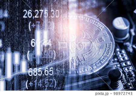 Modern way of exchange. Bitcoin is convenient payment in global economy market. Virtual digital currency and financial investment trade concept. Abstract cryptocurrency with gold bitcoin background.. 98972743